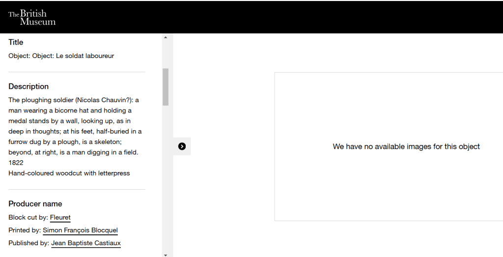 Screenshot from the British Library website for woodcut of Chauvin
