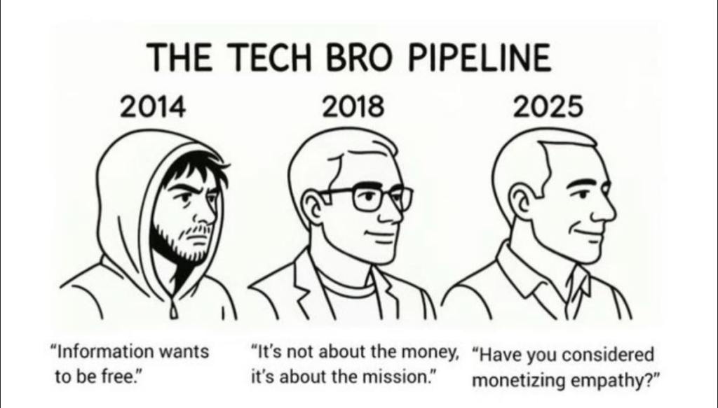 the image shows changes in attitude over time from those who lead digital platforms - from "information wants to be free" to in 2025 "have you considered monetising empathy"